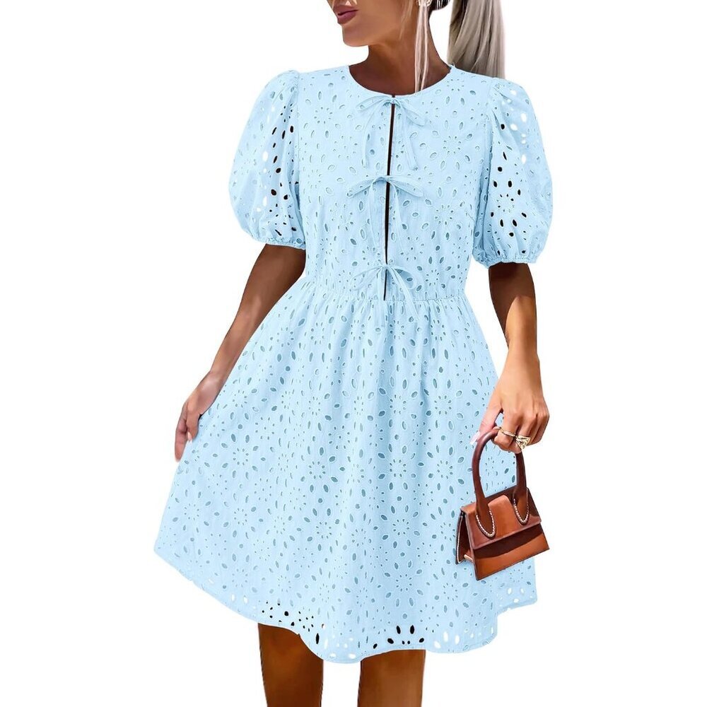 Summer Eyelet Dress Women Cotton Puff Short Sleeve Bow Tie Front Breezy